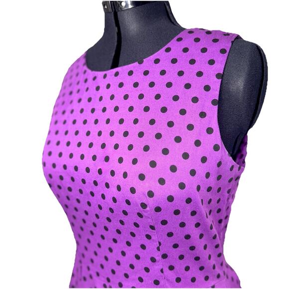 Dolly & Dotty Dress 12 Purple Black Polka Dots Pleat Rockabilly Fit Flare Pocket - Picture 2 of 6